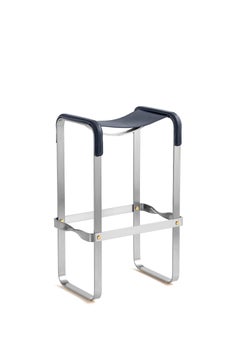 Set of 2 Bar Stool Silver Aged Steel & Navy Blue Saddle Contemporary Style