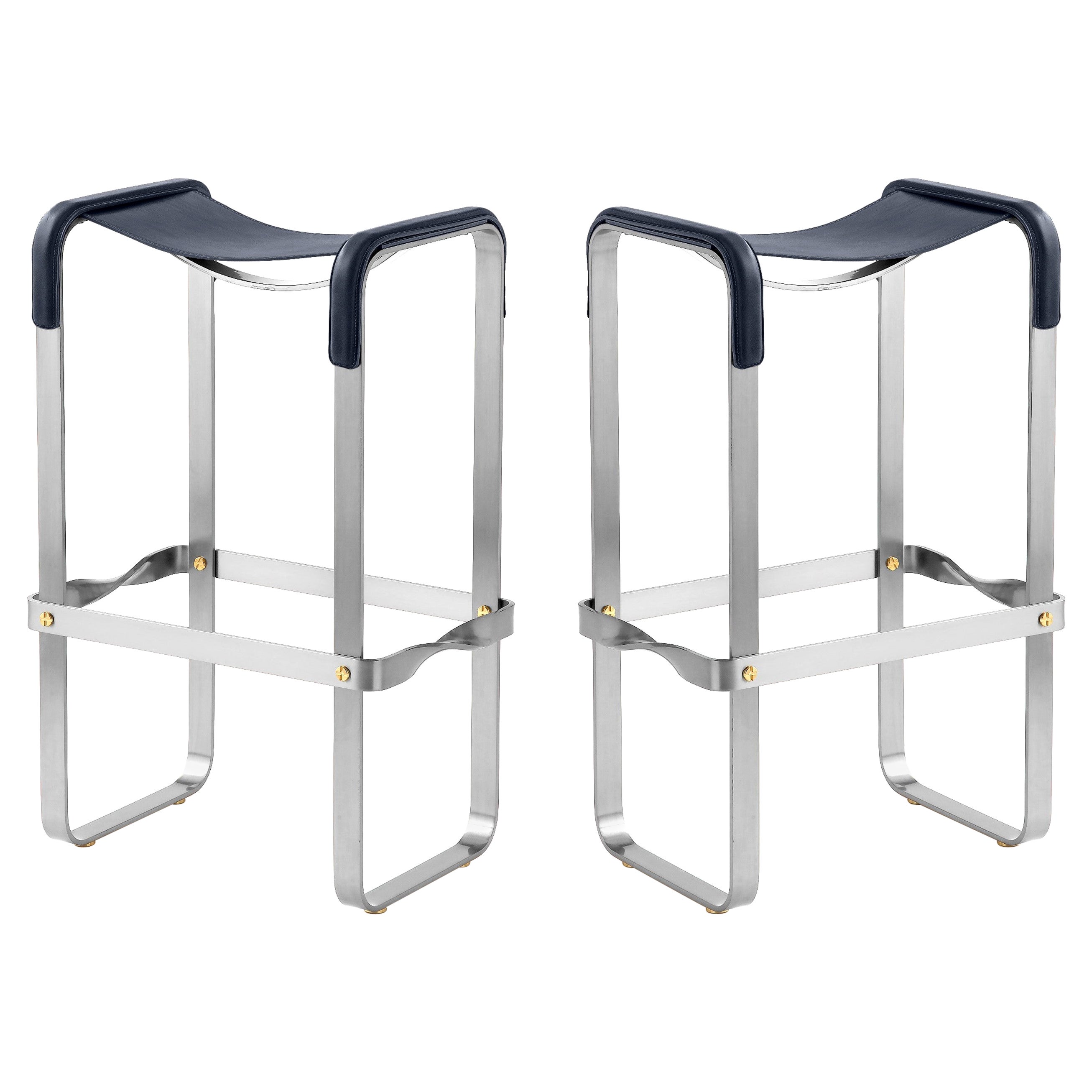 Set di 2 sgabelli da bar in acciaio anticato e sella blu navy in stile contemporaneo