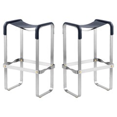 Set of 2 Bar Stool Silver Aged Steel & Navy Blue Saddle Contemporary Style