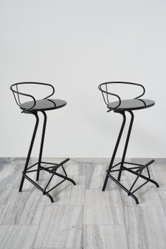 Set of 2 Bar stools, black lacquer, black metal.Italy 1980s.