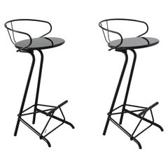 Vintage Set of 2 Bar stools, black lacquer, black metal.Italy 1980s.