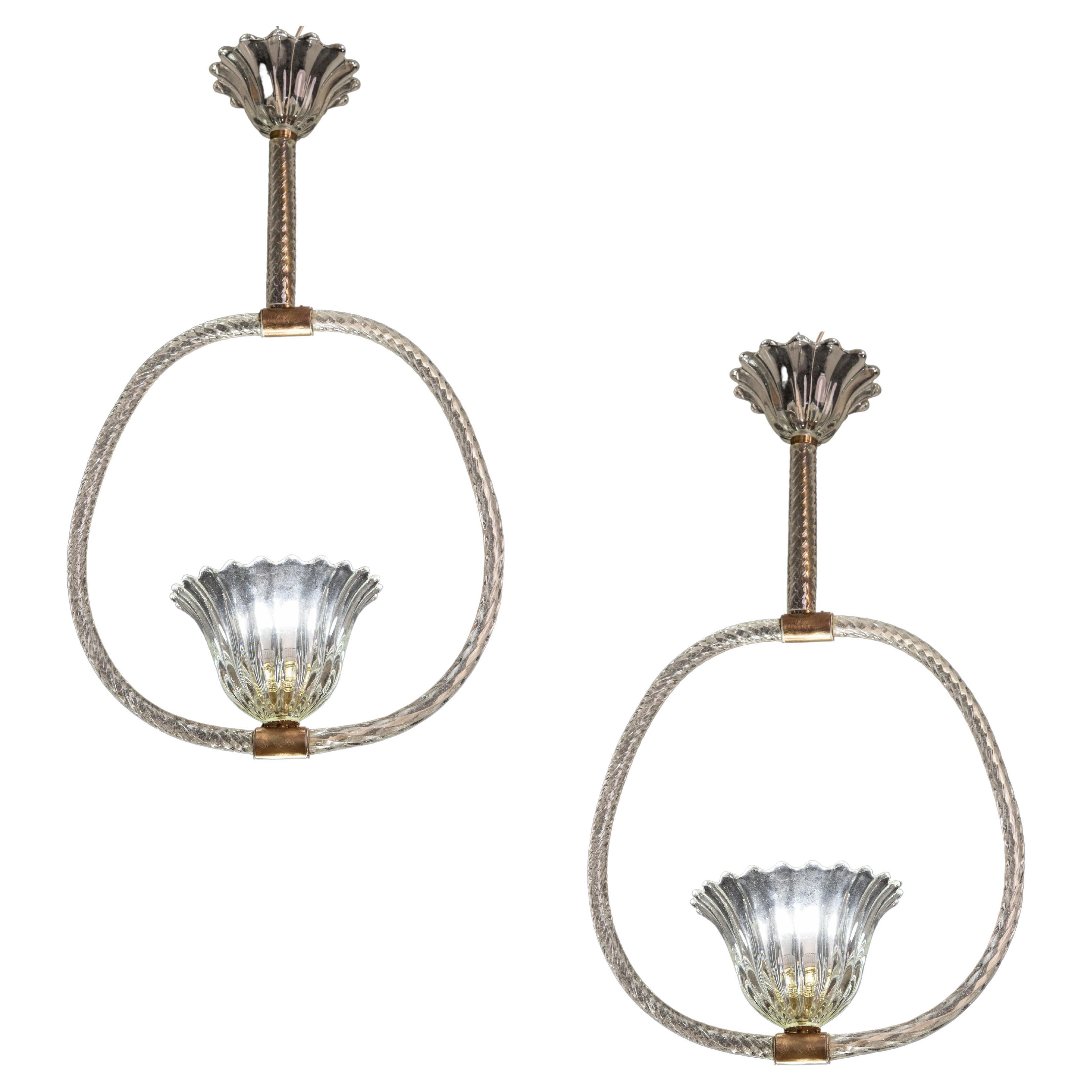Set of 2 Barovier and Toso Light Pendant, Murano Glass, 1940s For Sale