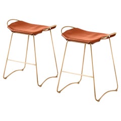 Pair Sculptural Contemporary Barstool Brass Metal & Natural Tan Tobacco Leather