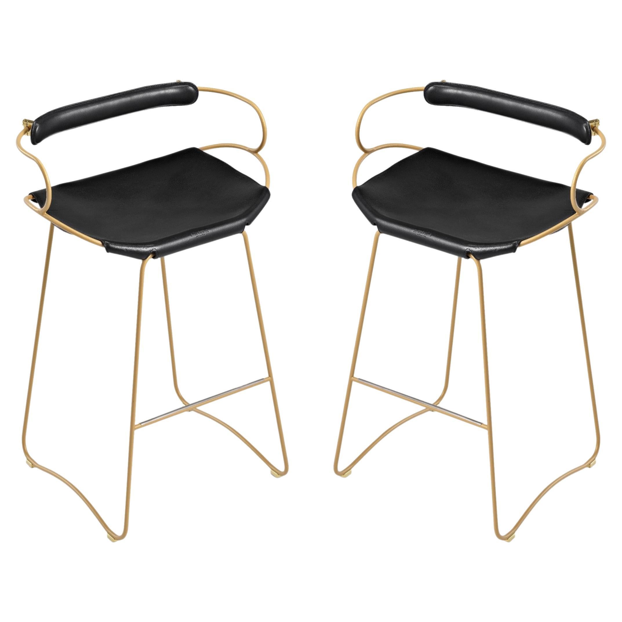 Pair Sculptural Barstool w. Backrest Black Leather & Powder Coated Metal Auction