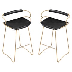 Pair Sculptural Barstool w. Backrest Black Leather & Powder Coated Metal Auction