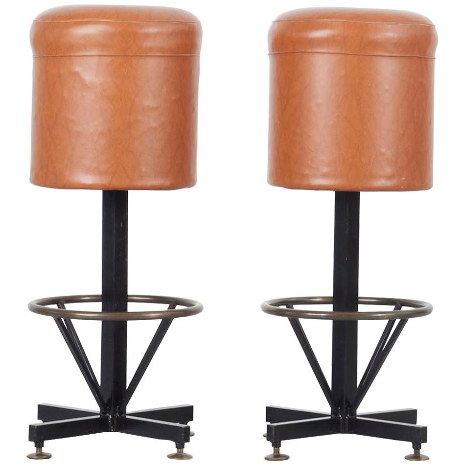 Set of 2 Barstools with Brown Leatherette Cover, Italy, 1960s