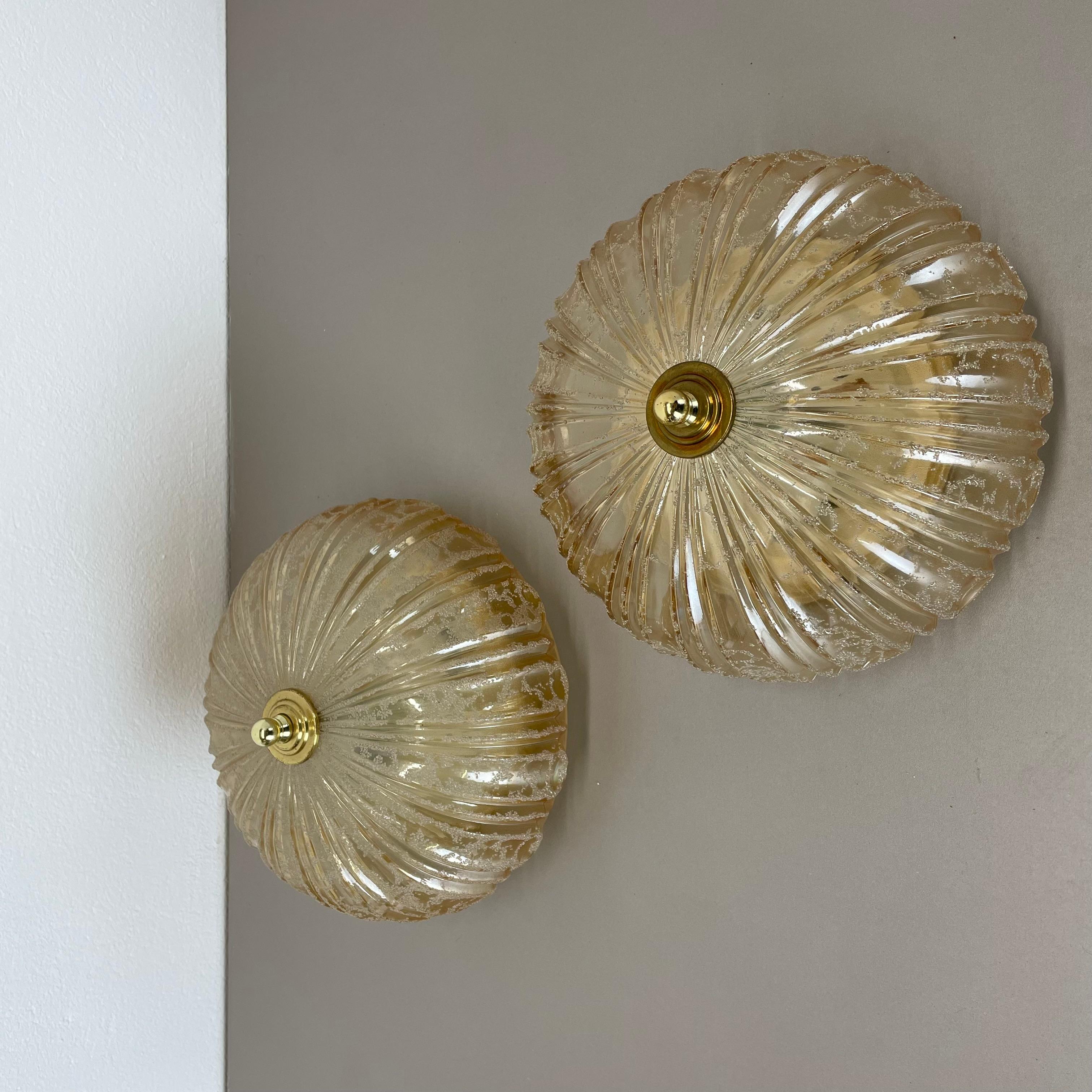 Mid-Century Modern set of 2 beautiful 27cm textured amber glass Wall ceiling Lights, Germany, 1970s For Sale