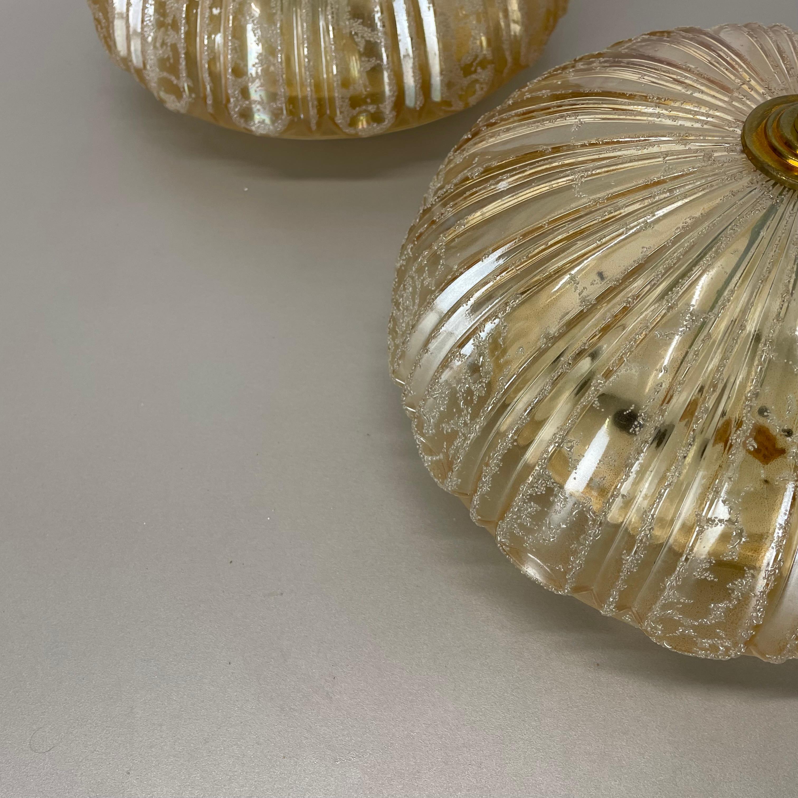Metal set of 2 beautiful 27cm textured amber glass Wall ceiling Lights, Germany, 1970s For Sale
