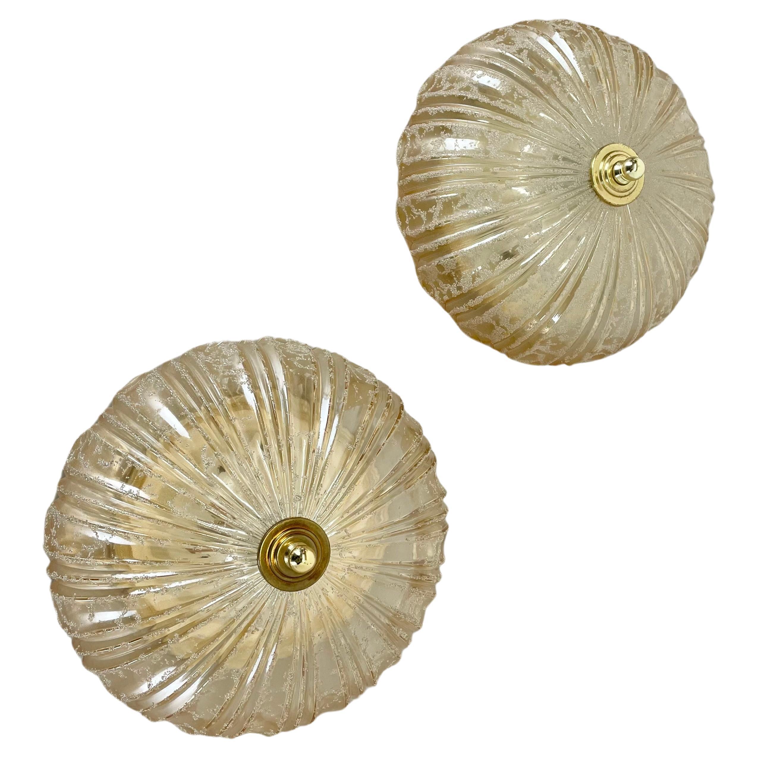 set of 2 beautiful 27cm textured amber glass Wall ceiling Lights, Germany, 1970s For Sale