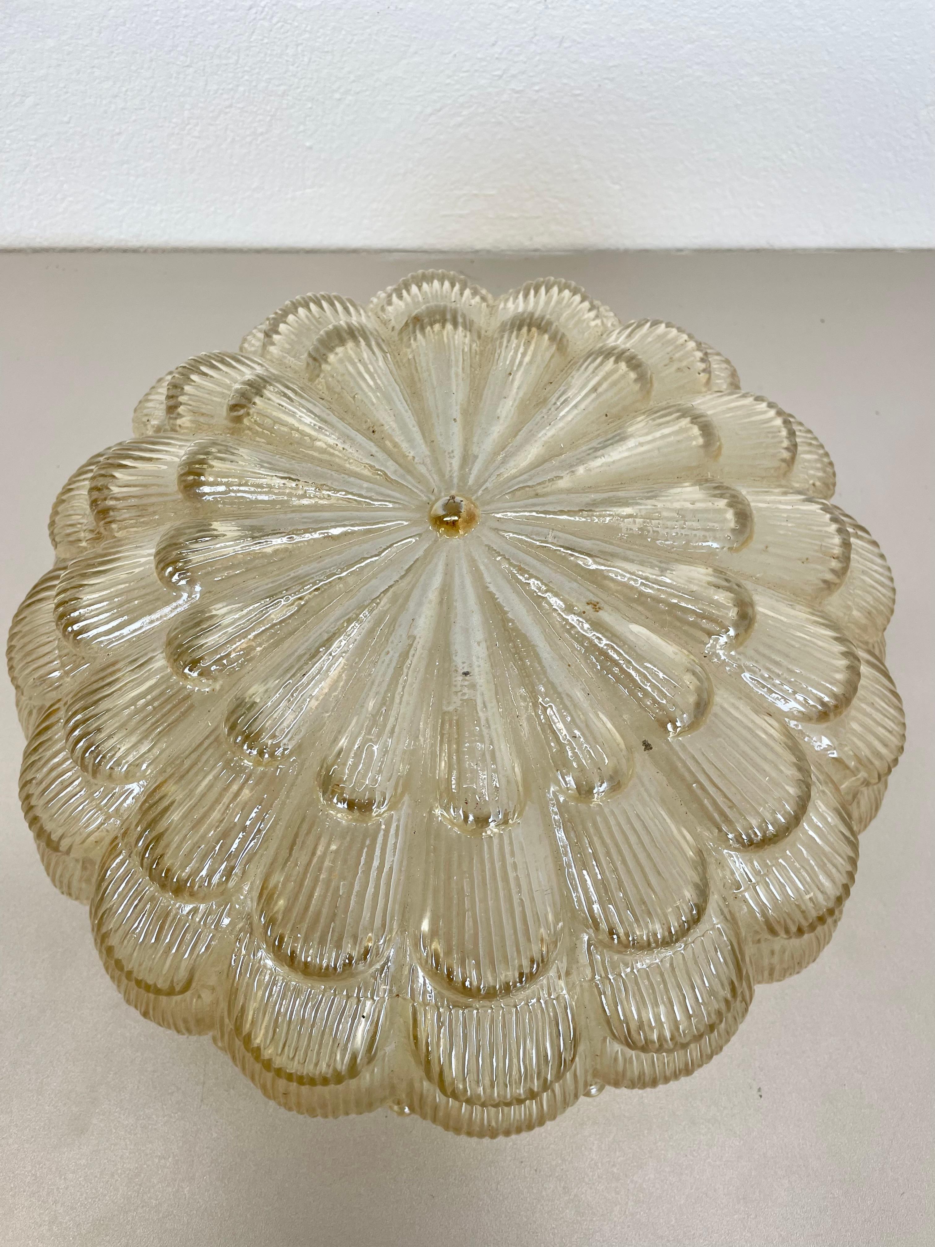 lote de 2 preciosos Plafones de Pared de cristal ámbar texturizado de 31 cm, Alemania, años 70 en venta 5