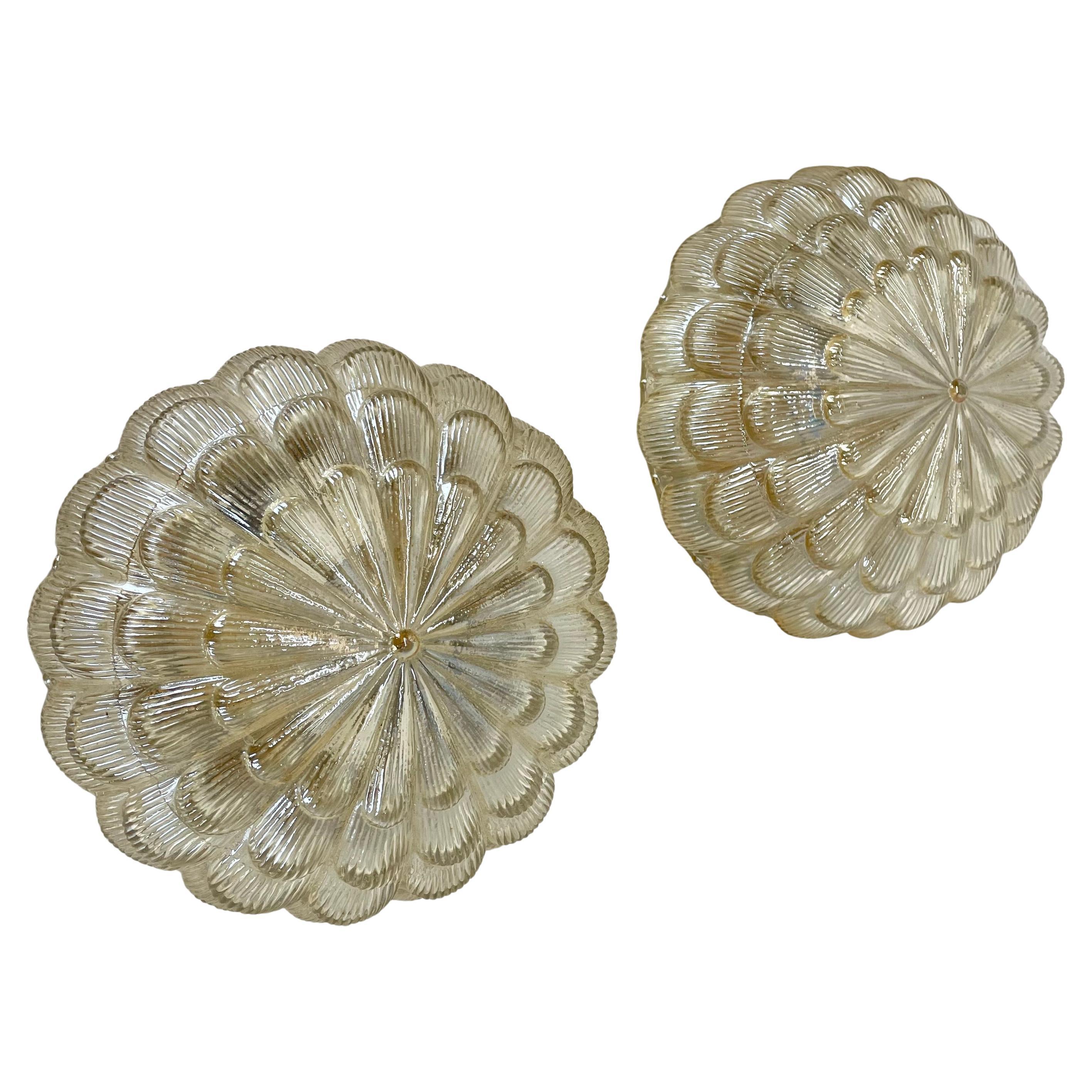 set of 2 beautiful 31cm textured amber glass Wall ceiling Lights, Germany, 1970s