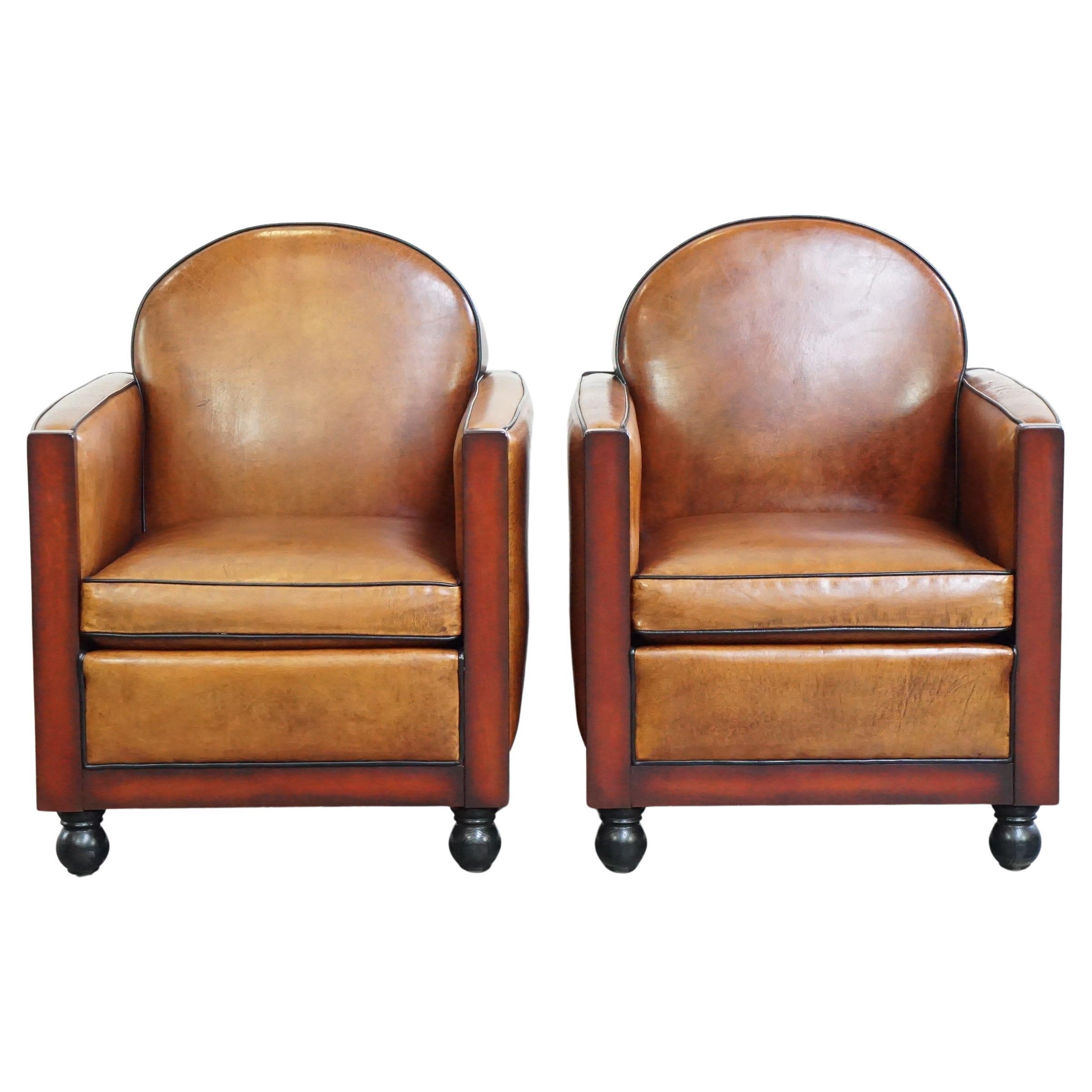 Set of 2 beautiful cognac-colored sheepskin Art Deco armchairs