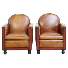 Set di 2 bellissime poltrone Art Deco in pelle di pecora color cognac