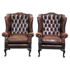Set of 2 beautiful dark brown English leather Chesterfield wingback armchairs