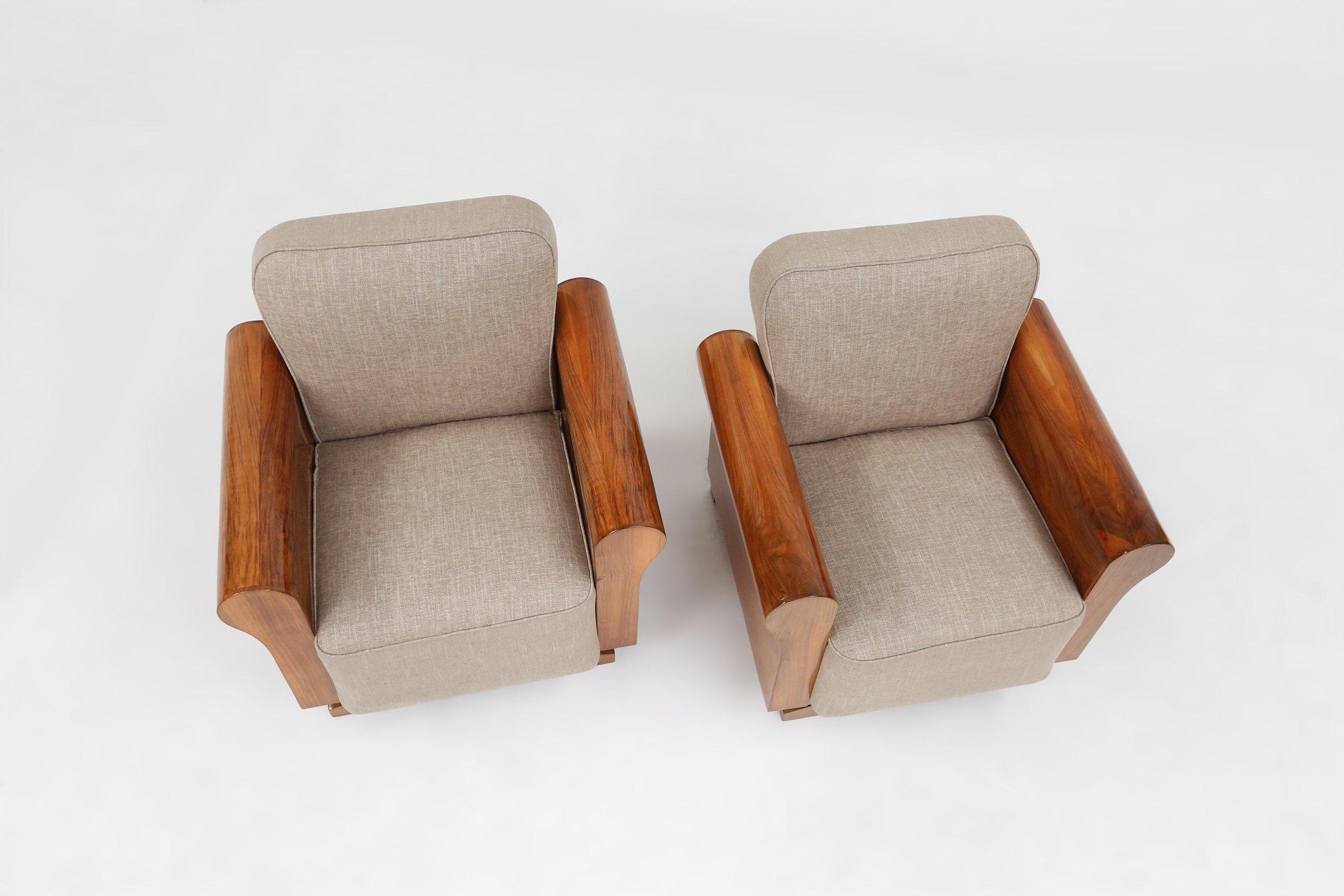 Conjunto de 2 sillones Art Decó de bella factura chapados en nogal, Francia, 1930 en venta 3