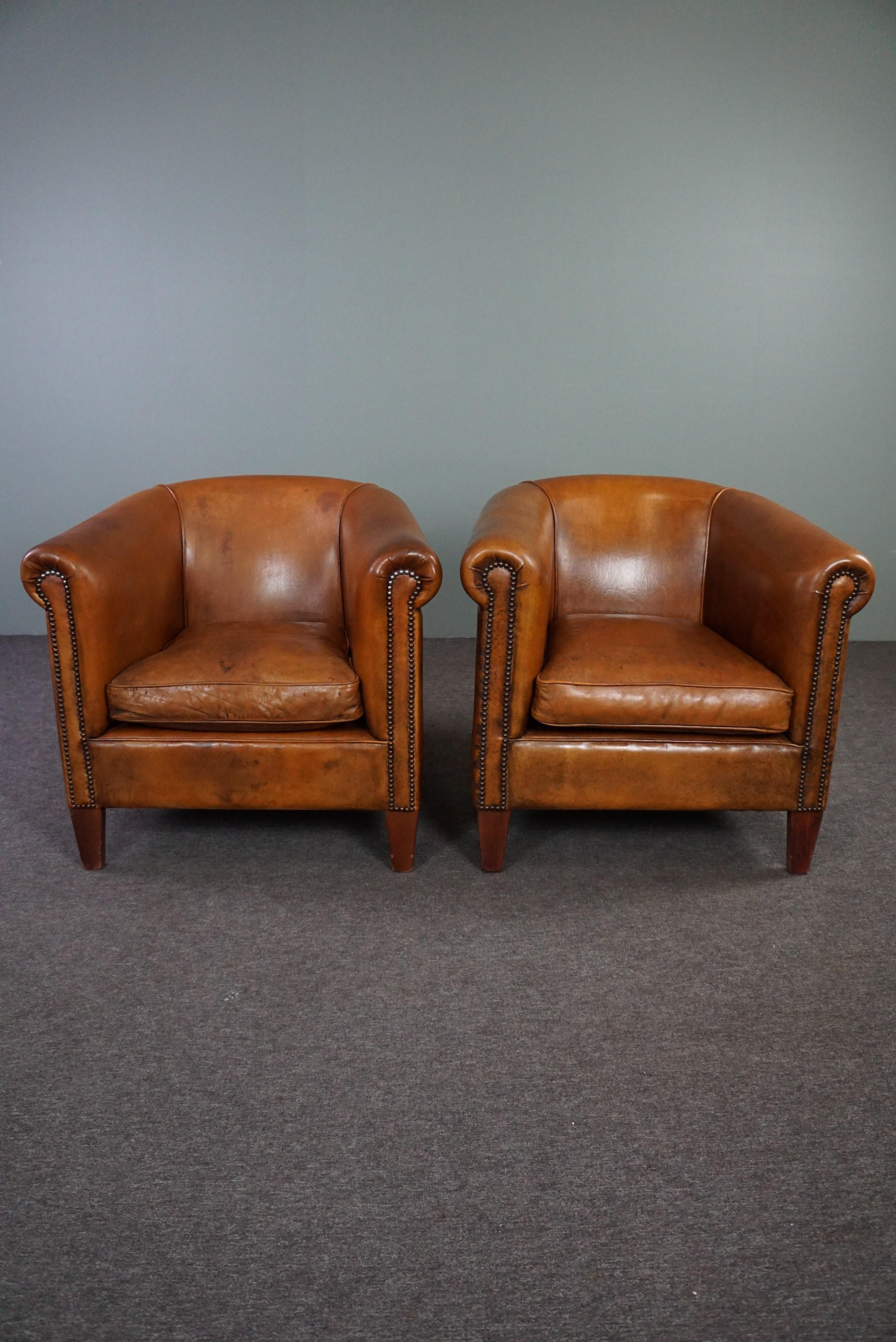 Offered is this shiny set of two sheep leather club chairs with the looks, character and seating comfort.

In our opinion, this set is just right. The finish, the patina and therefore the character and seating comfort make this set a truly fantastic