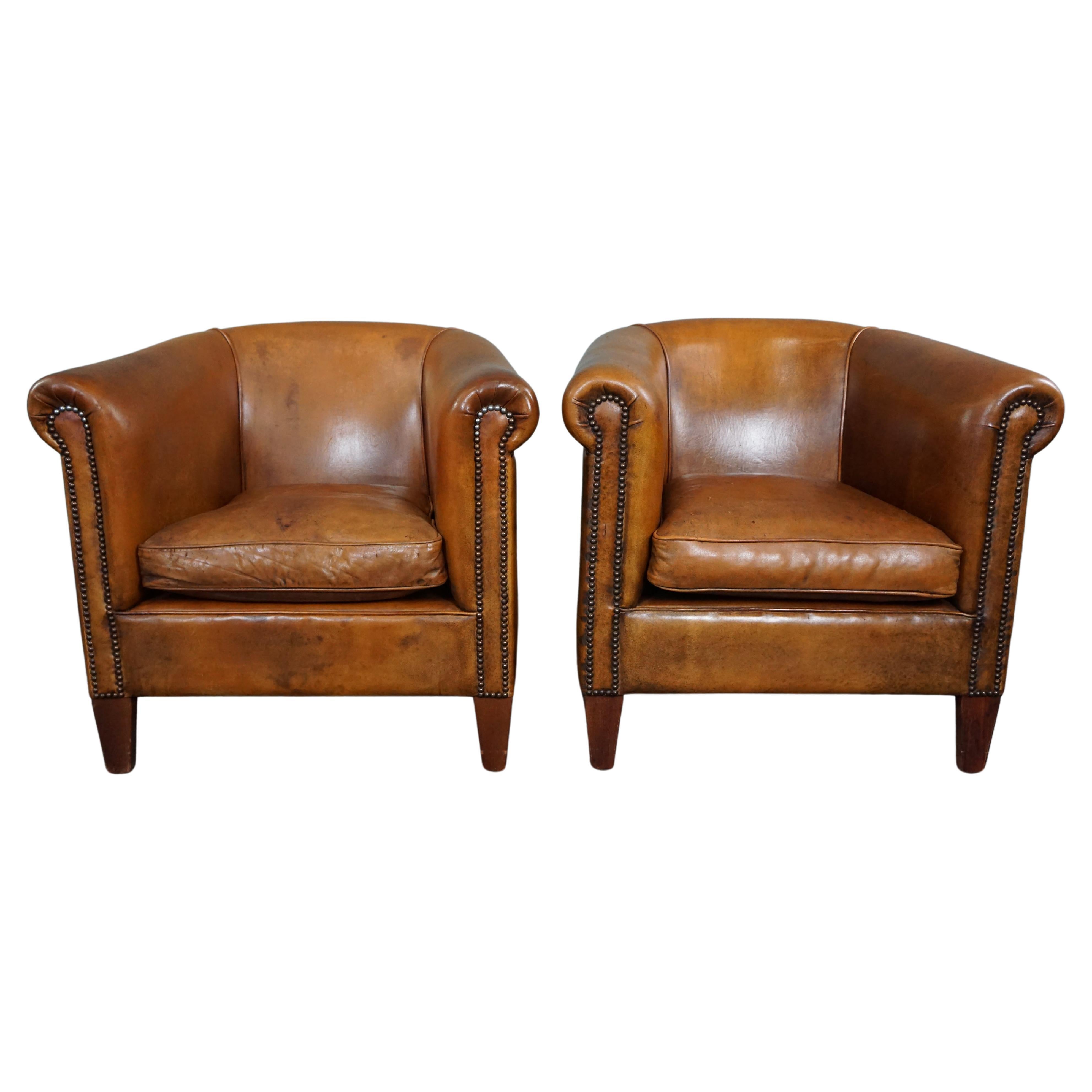 Set of 2 beautiful sheep leather club chairs For Sale