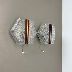 set of 2 beautiful textured glass and teak Wall Light Sconce, Germany, 1970s