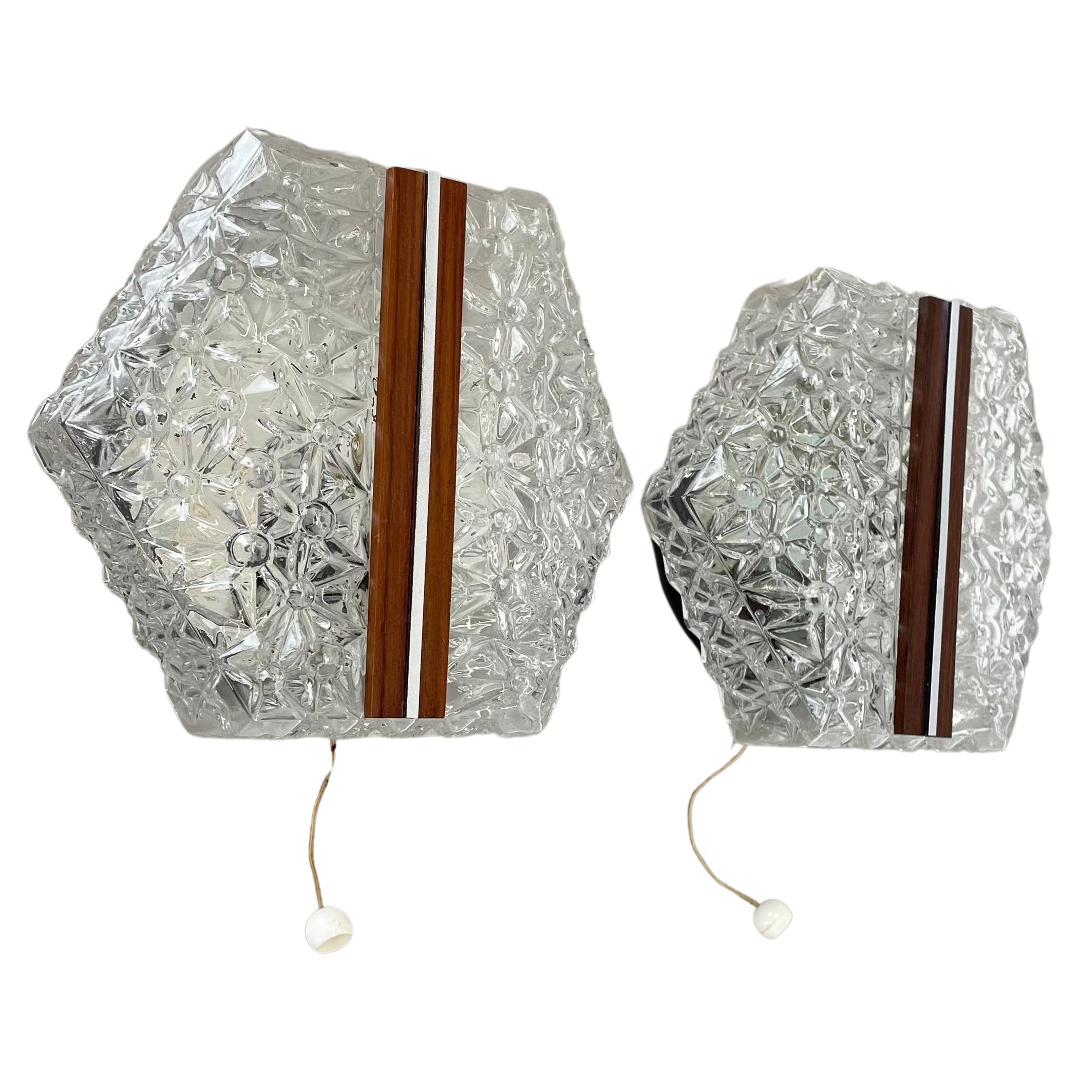 set of 2 beautiful textured glass and teak Wall Light Sconce, Germany, 1970s