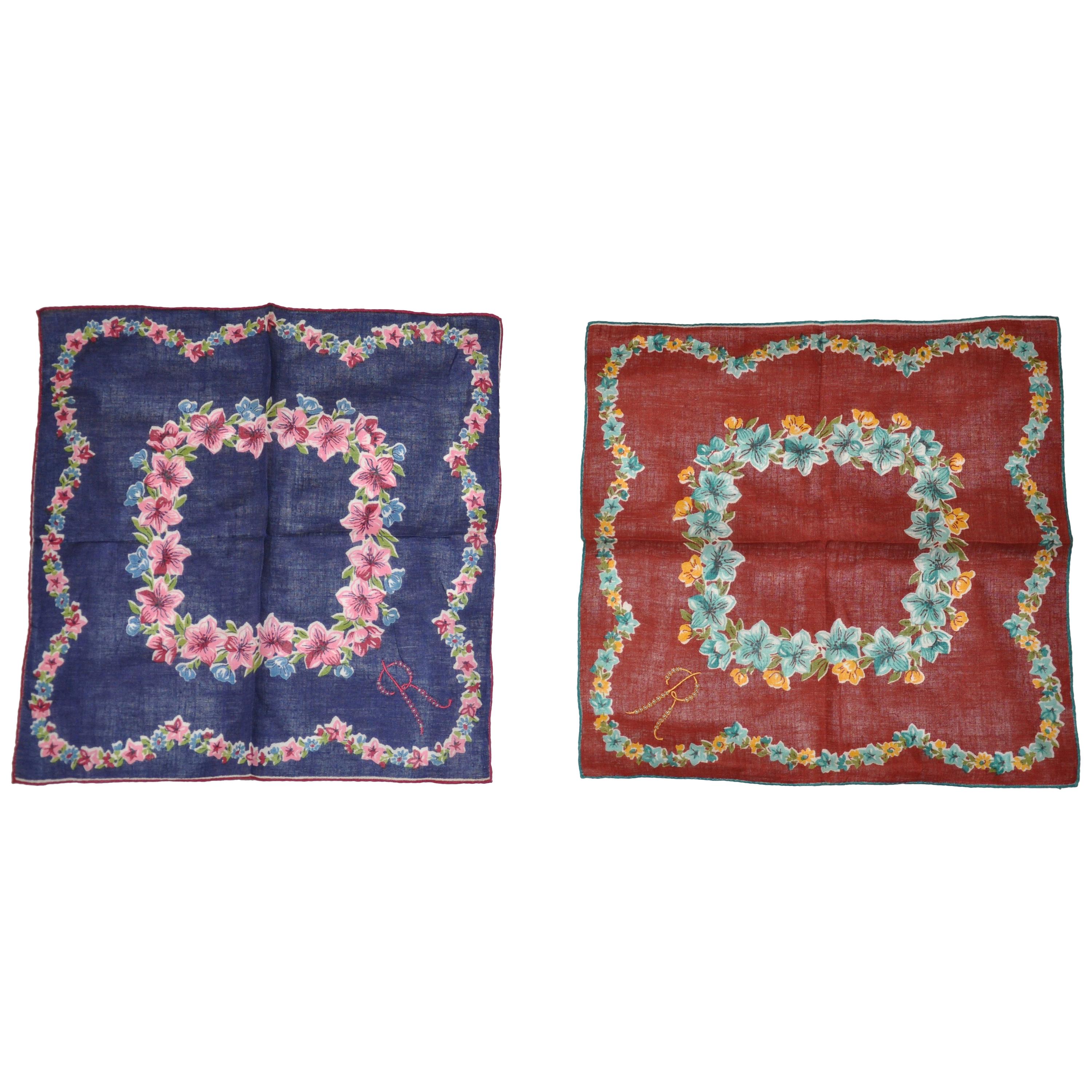 "Set of 2" Beautifully Embroidered Micro "R" Floral Cotton Handkerchiefs For Sale