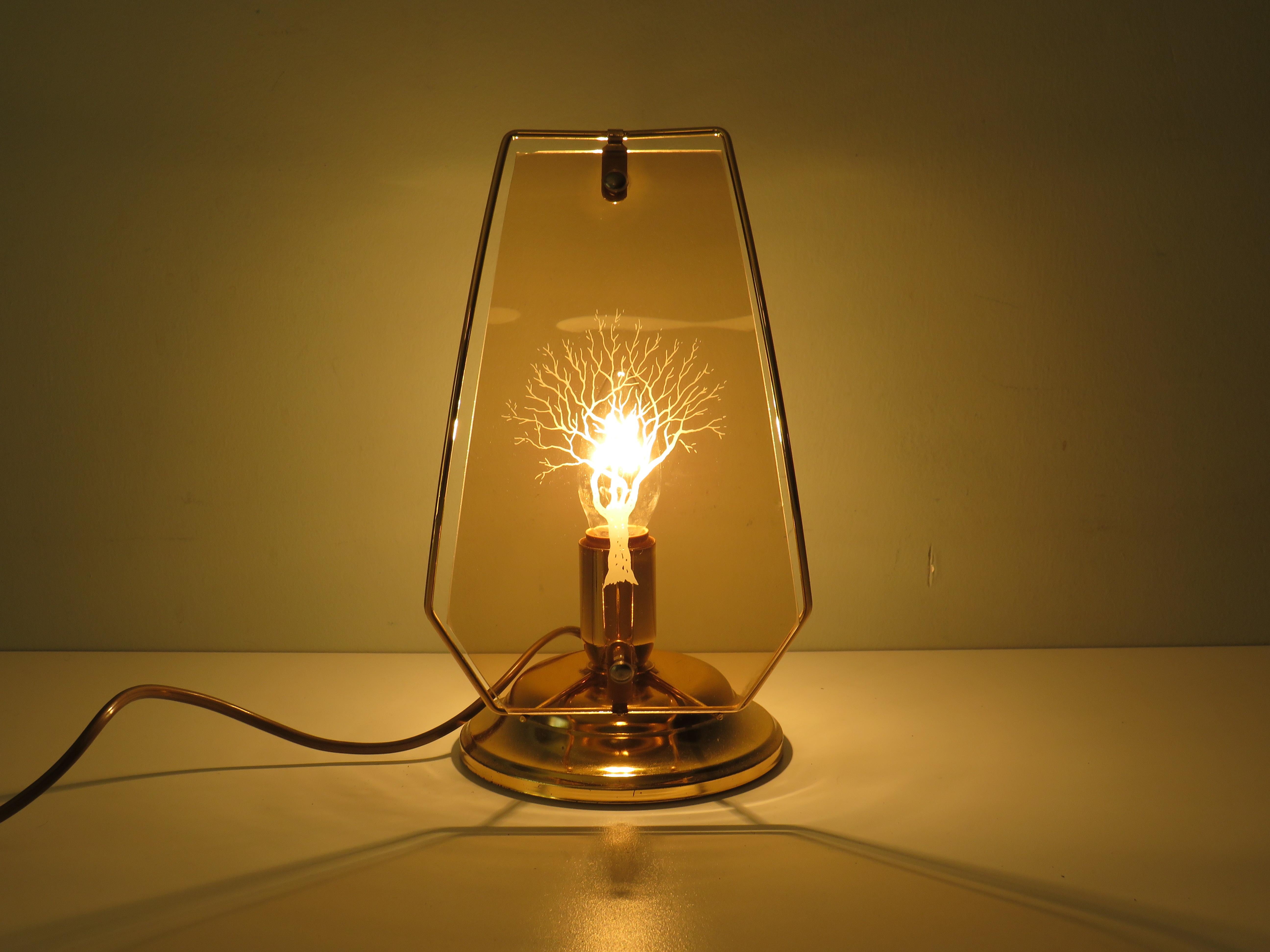 Lampes de table de chevet produites par Lakro, Pays-Bas, années 1970.
Les lampes ont une structure en métal de couleur dorée et un écran en verre à fumée. Un dessin stylisé d'un arbre est gravé sur l'écran.
La lampe est à la fois équipée d'un
