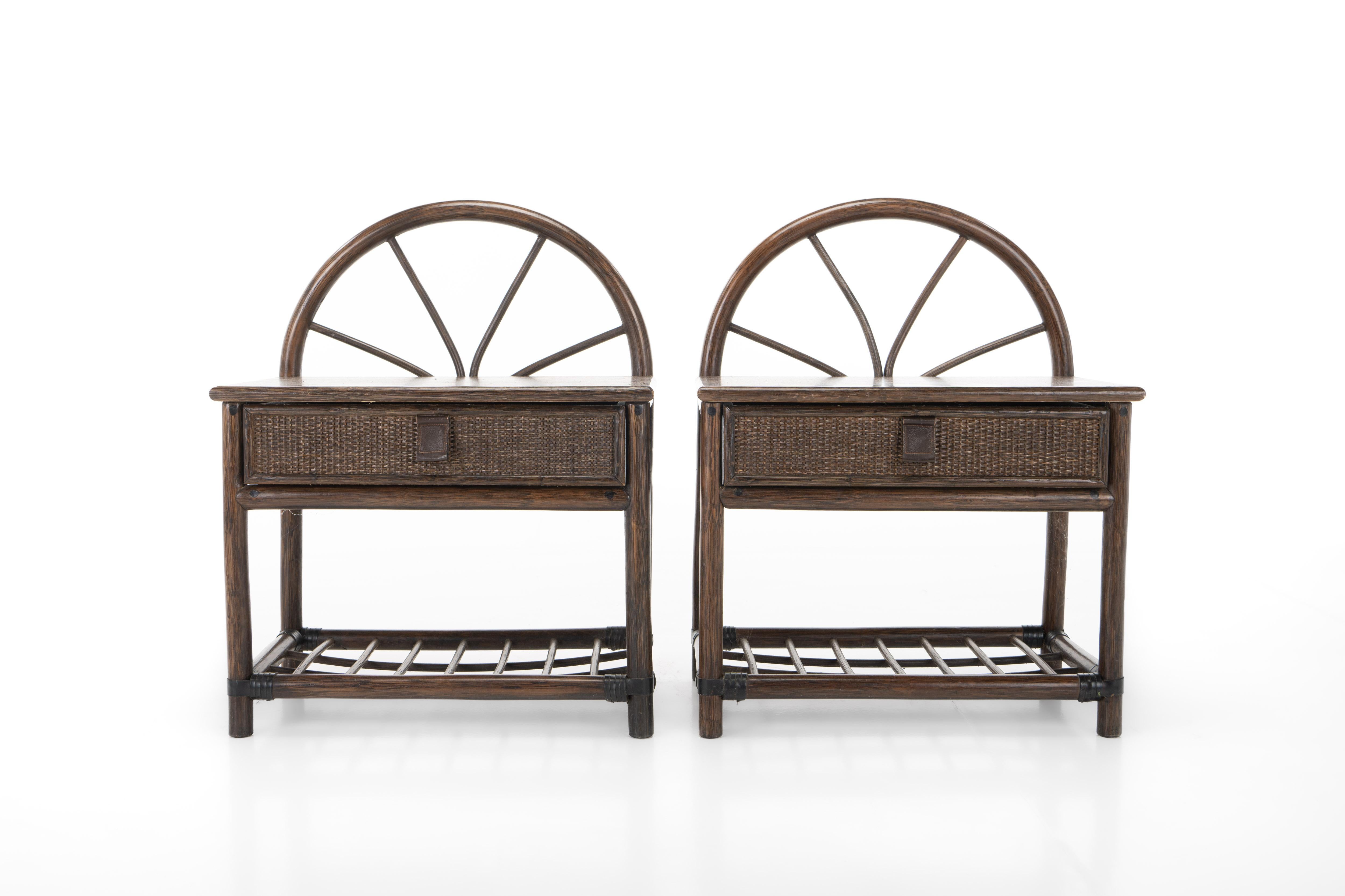 Bohemian Set of 2 Bedside Tables in Bamboo and Rattan, 1970s For Sale