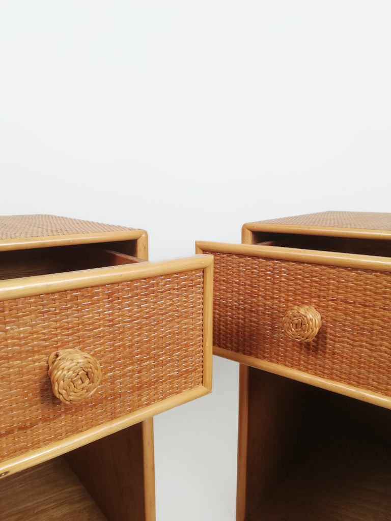 Set of 2 Bedside Tables Made in Wicker Cane and Beech Faux Bamboo, Italy, 1970s For Sale at 1stDibs