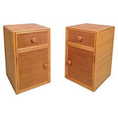 Vintage Set of 2 Bedside Tables Made in Wicker Cane and Beech Faux Bamboo, Italy, 1970s 
