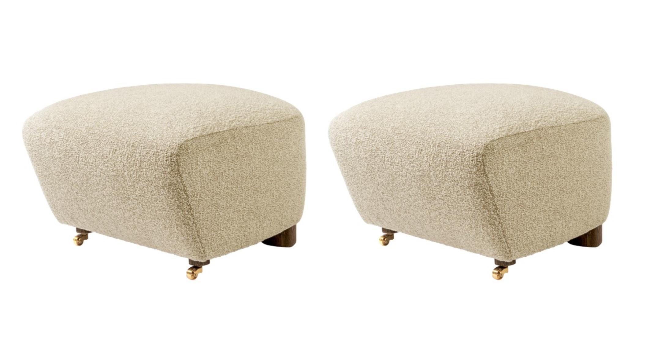 Set of 2 beige smoked oak sahco zero the tired man footstool by Lassen.
Dimensions: W 55 x D 53 x H 36 cm 
Materials: Textile

Flemming Lassen designed the overstuffed easy chair, The Tired Man, for The Copenhagen Cabinetmakers’ Guild