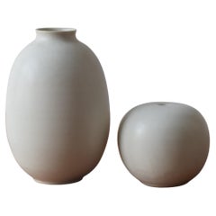 Set of 2 Beige Vases by Preben Brandt-Larsen, Danish Modern Studio Ceramic 1970s