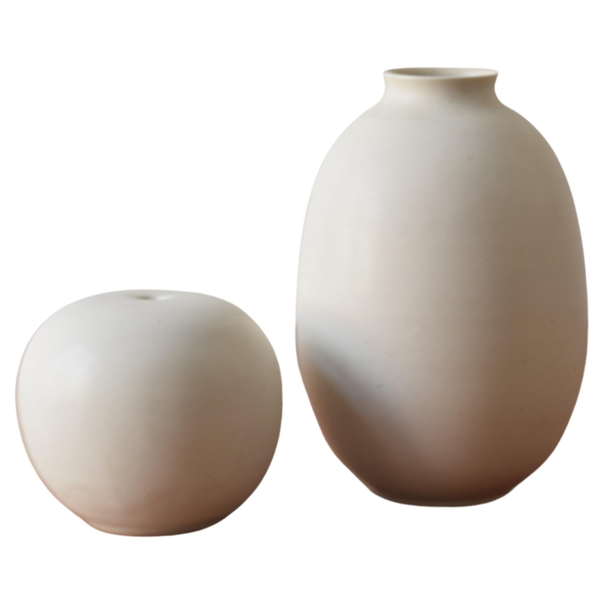 Set of 2 Beige Vases by Preben Brandt-Larsen, Danish Modern Studio Ceramic 1970s