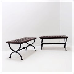 Set of 2 benches in solid wood with openwork design and wrought iron legs - 20th
