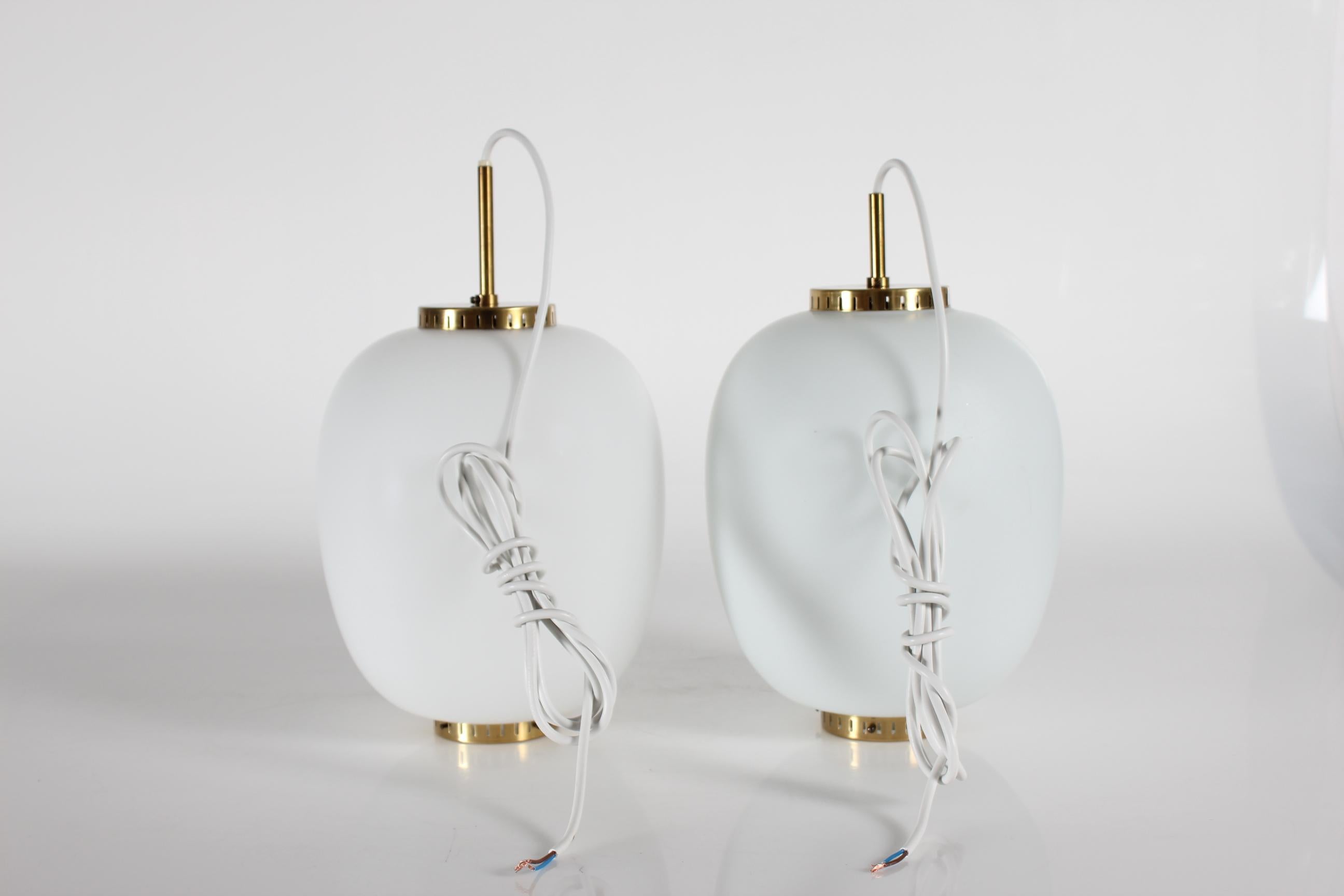 Set of 2 Bent Karlby China Pendants Made of Opaline Glass + Brass by Lyfa, 1960s For Sale 1