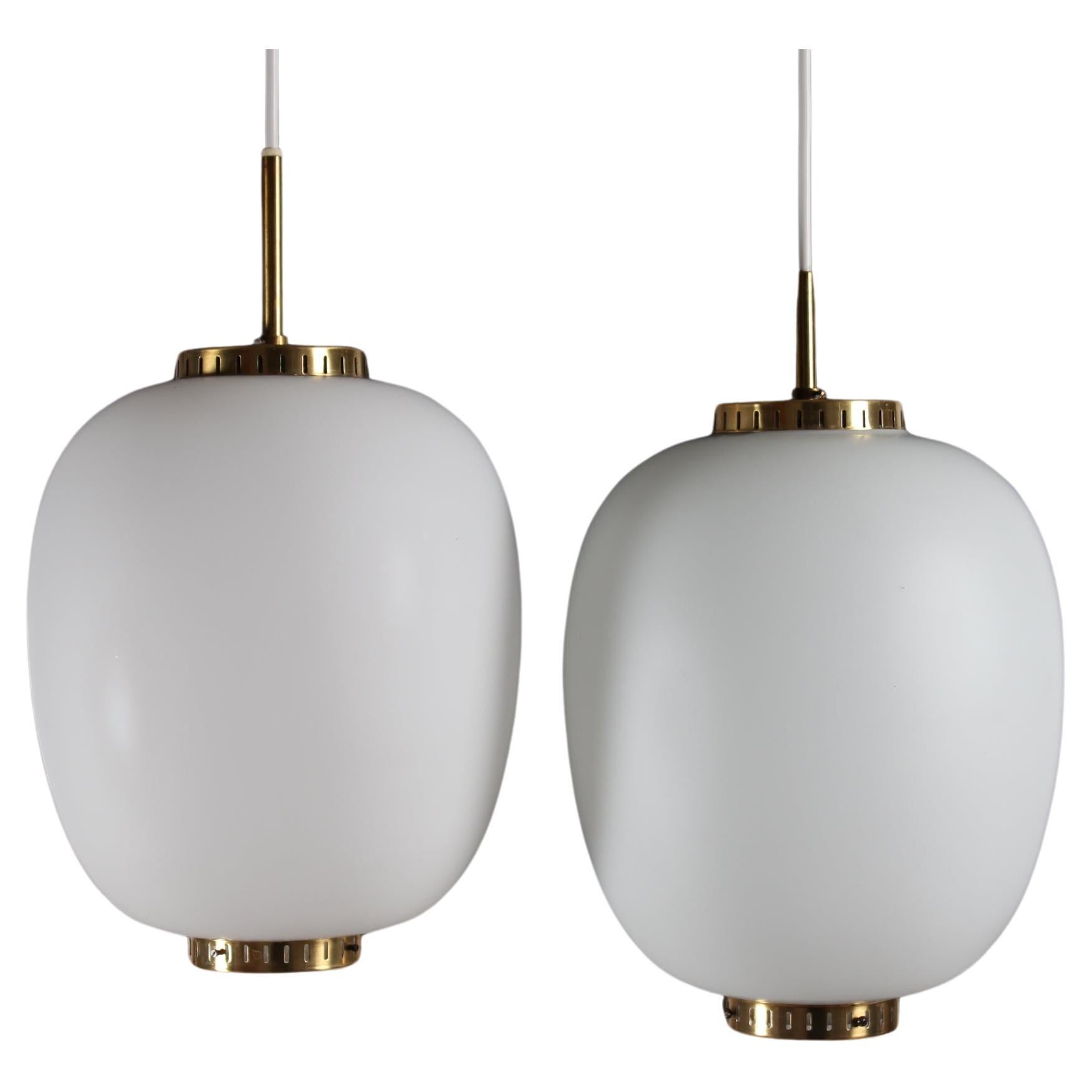 Set of 2 Bent Karlby China Pendants Made of Opaline Glass + Brass by Lyfa, 1960s For Sale