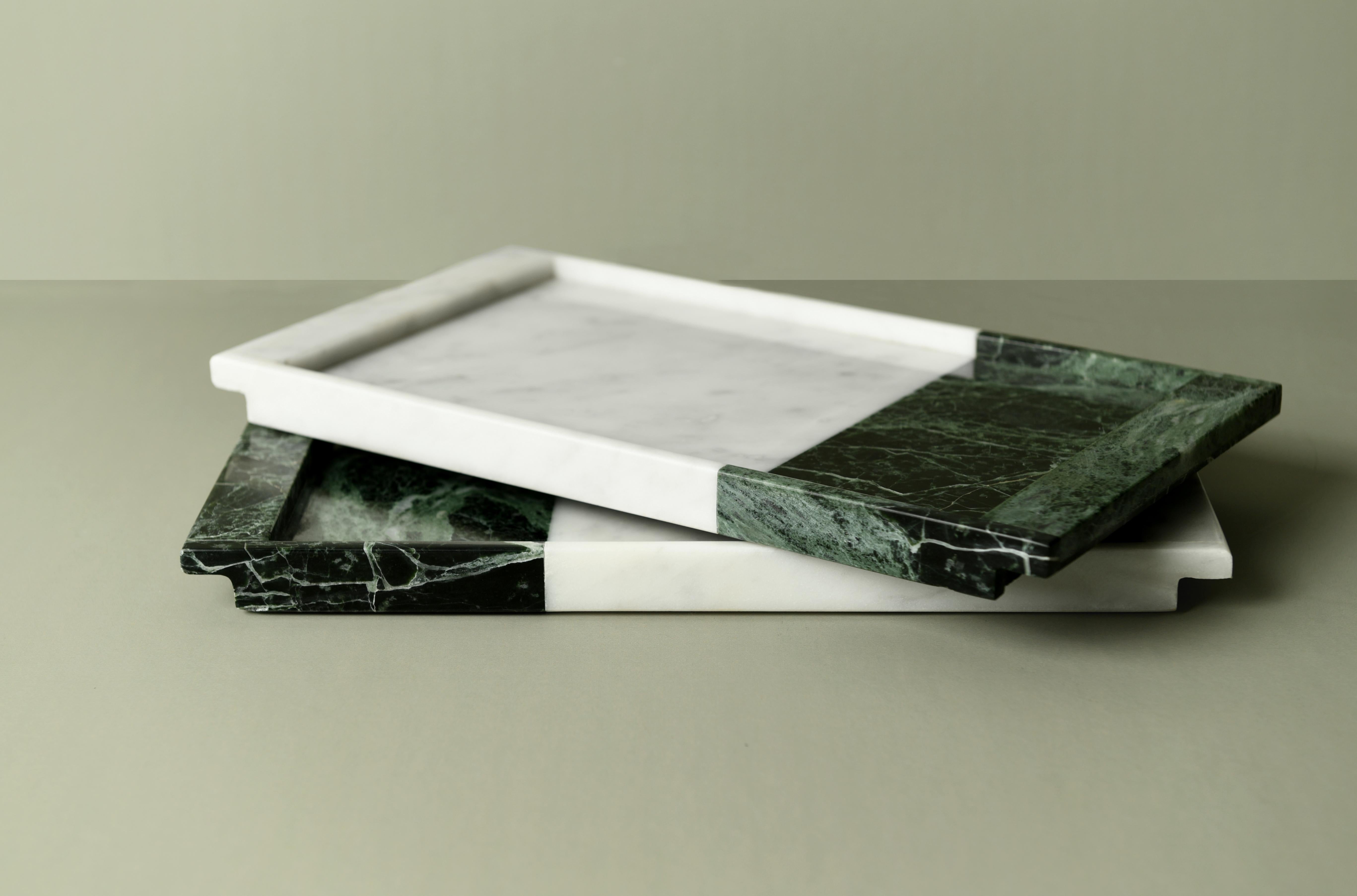 Set of 2 Bicolor tray by Saccal Design House
Dimensions: L 30 x W 18 cm
Materials: Carrara, Verde Guatemala

Saccal Design House, located in Beirut Lebanon, was founded in 2014 by two sisters Nour and Maysa Saccal.
The company provides interior