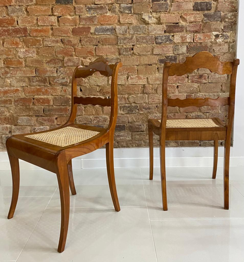 Polished Set of 2 Biedermeier Cane Chairs in Cherry Wood, Austria, Early 19th Century For Sale