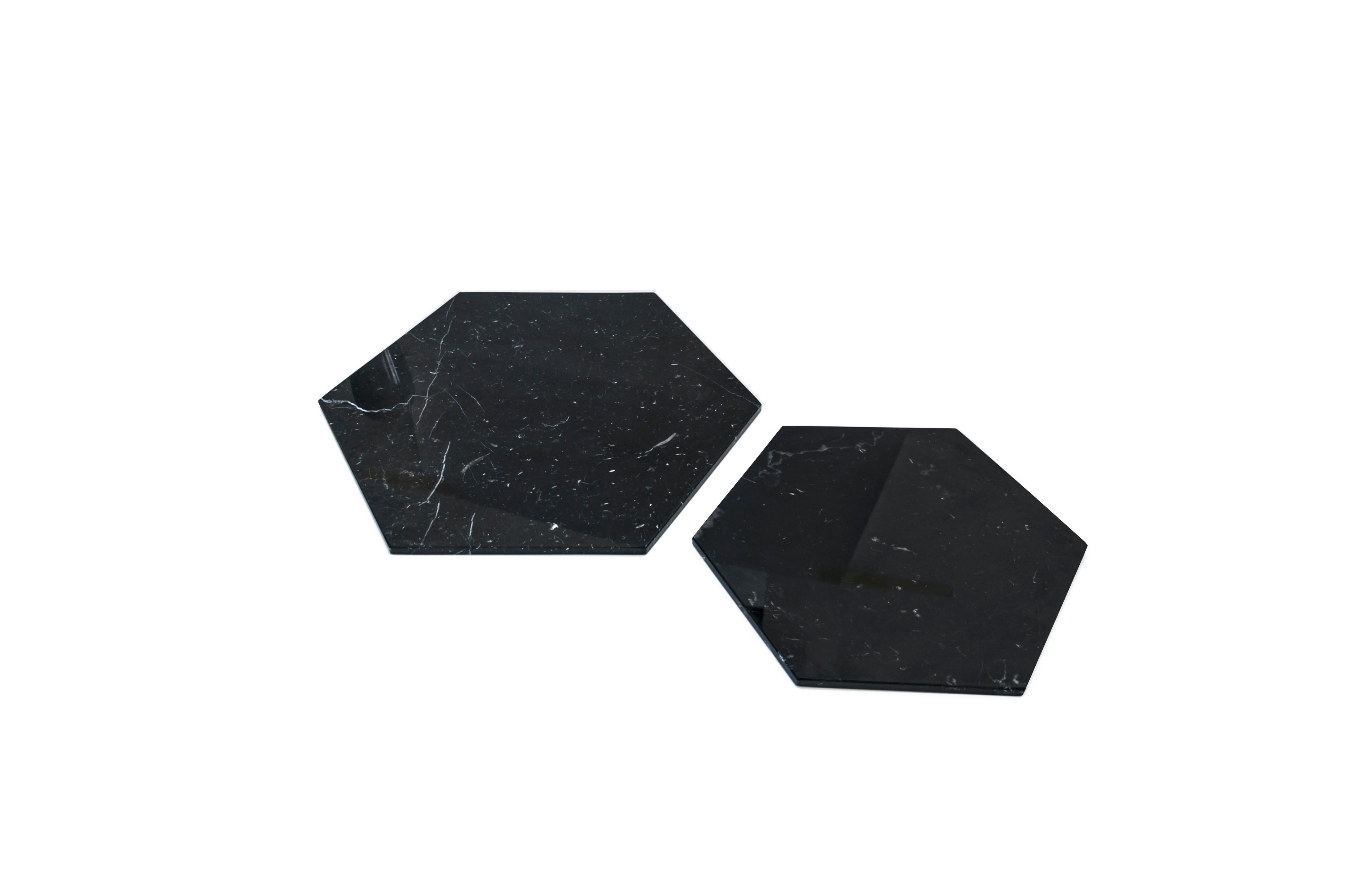 Hand-Crafted Handmade Set of 2 Hexagonal Black Marquina Marble Plates / Serving Dishes  For Sale