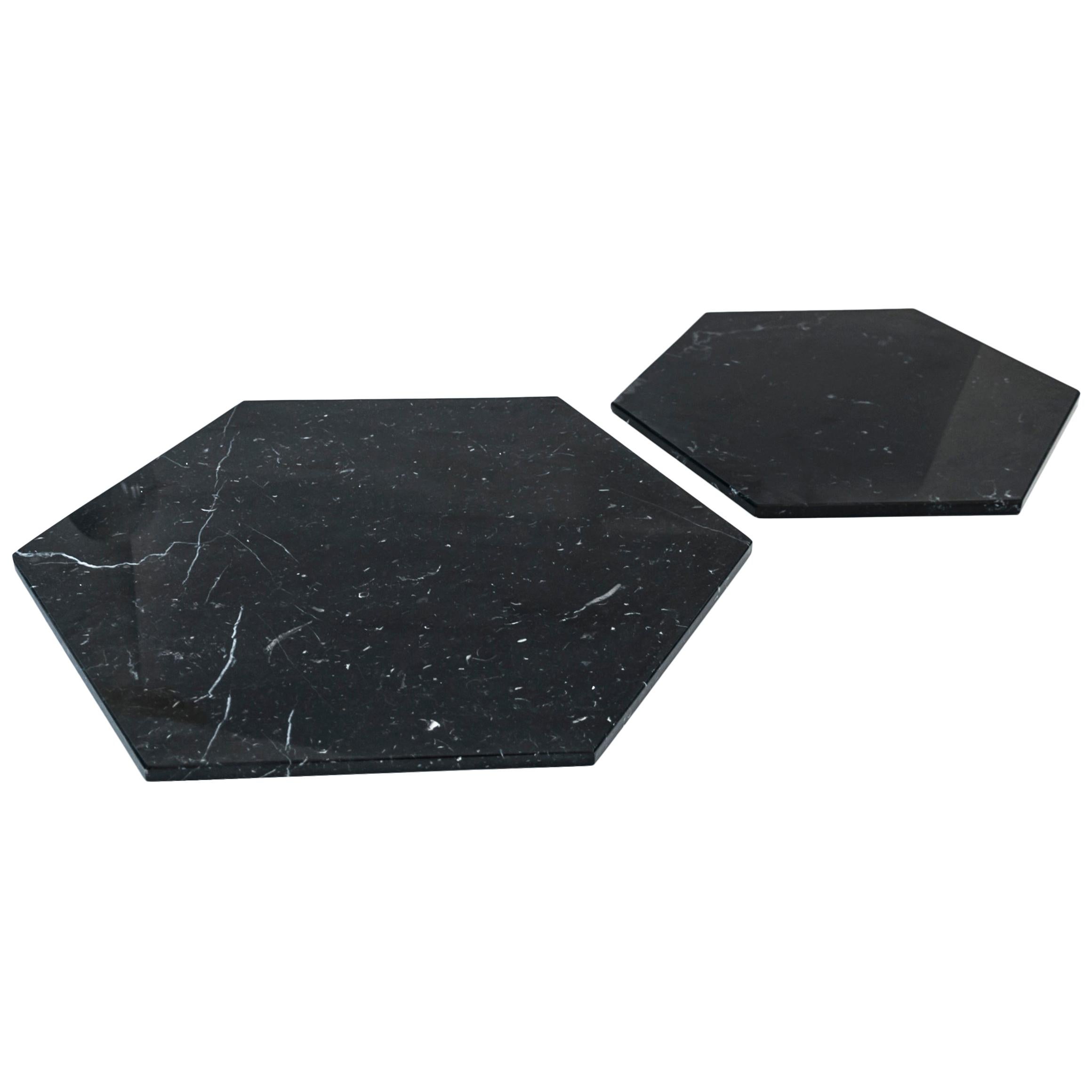 Handmade Set of 2 Hexagonal Black Marquina Marble Plates / Serving Dishes 
