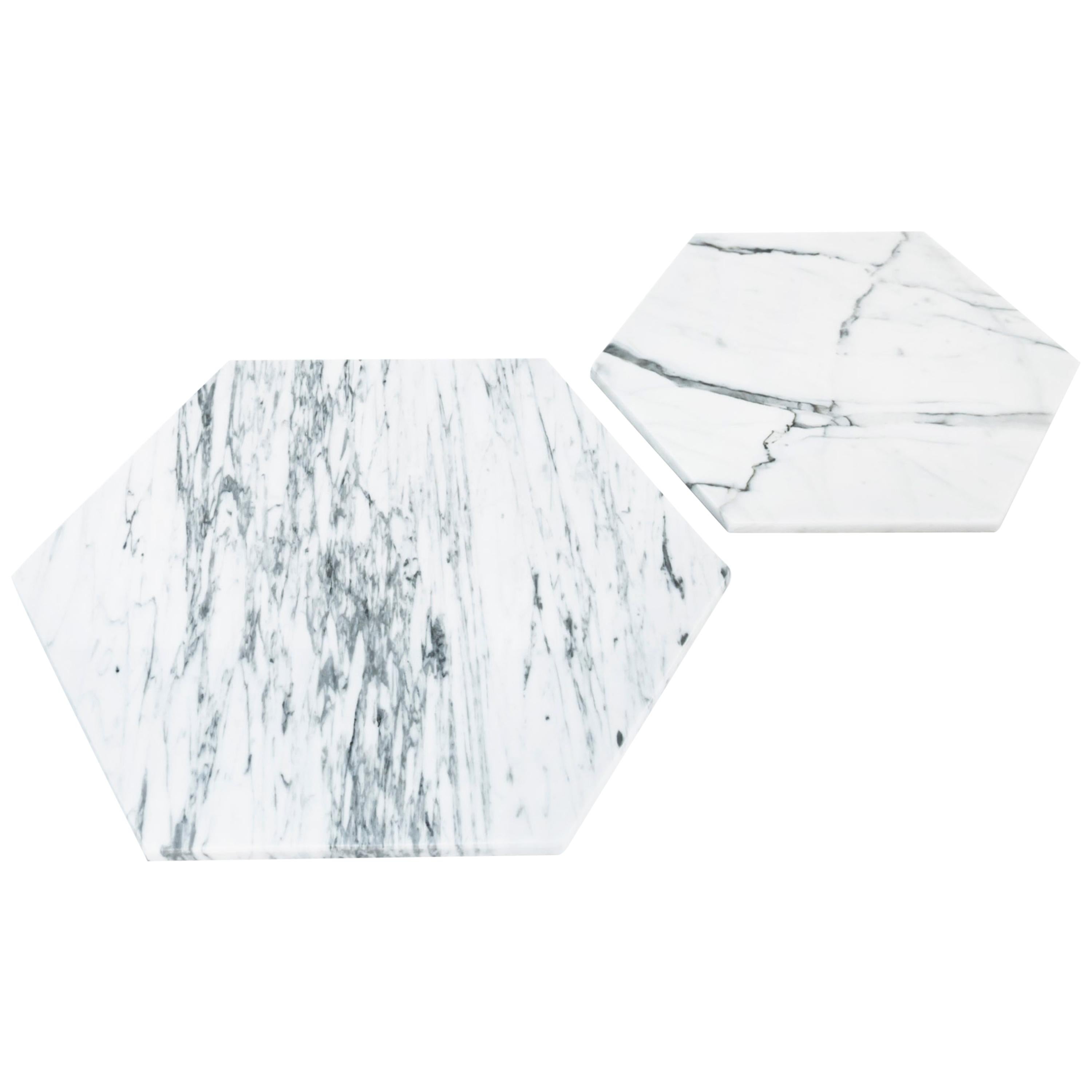 Handmade Set of 2 Hexagonal White Carrara Marble Plates / Serving Dishes
