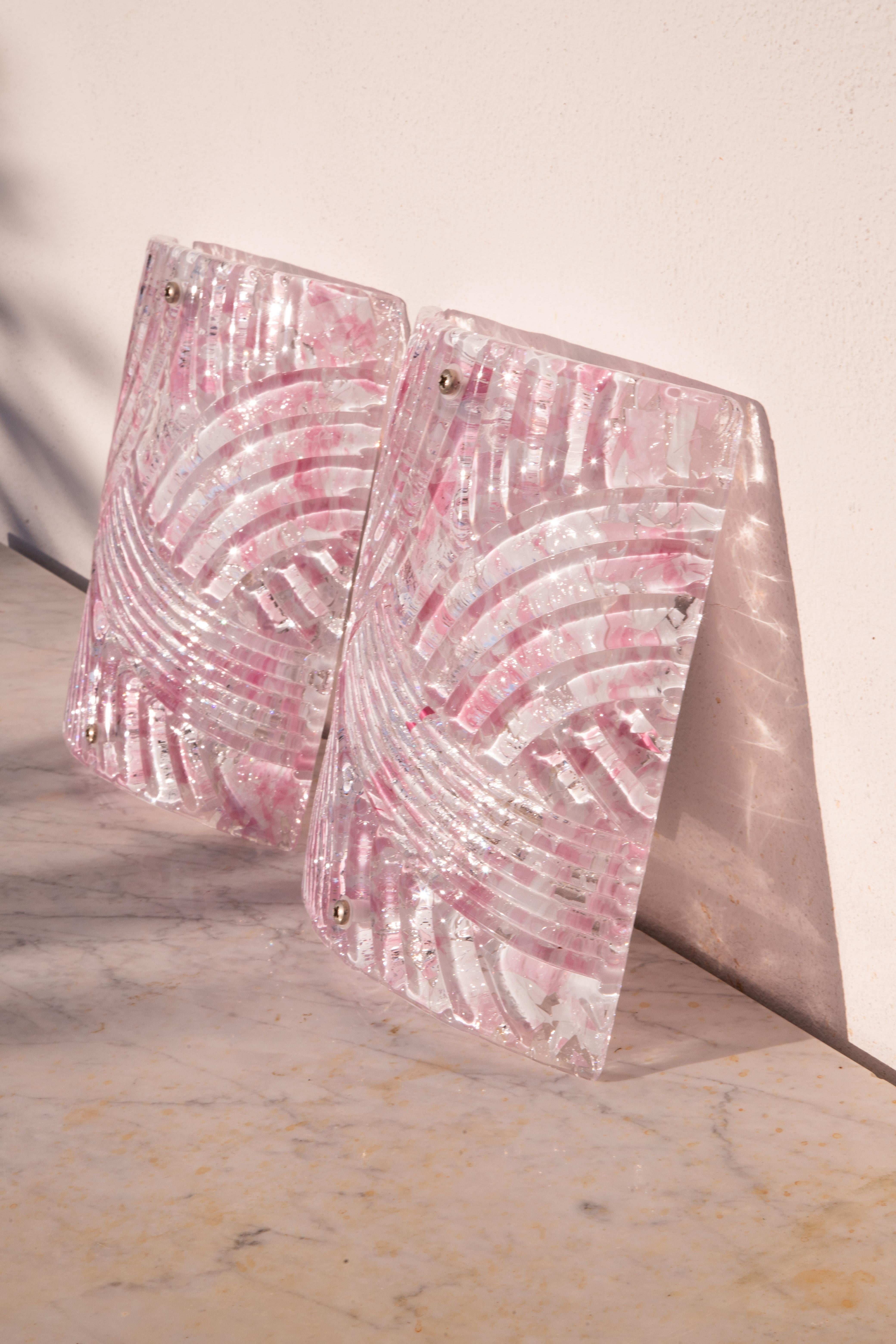 Set of 2 Big Size Murano Pink Wall Light, Murano Glass, 1980 In Good Condition For Sale In Roma, IT