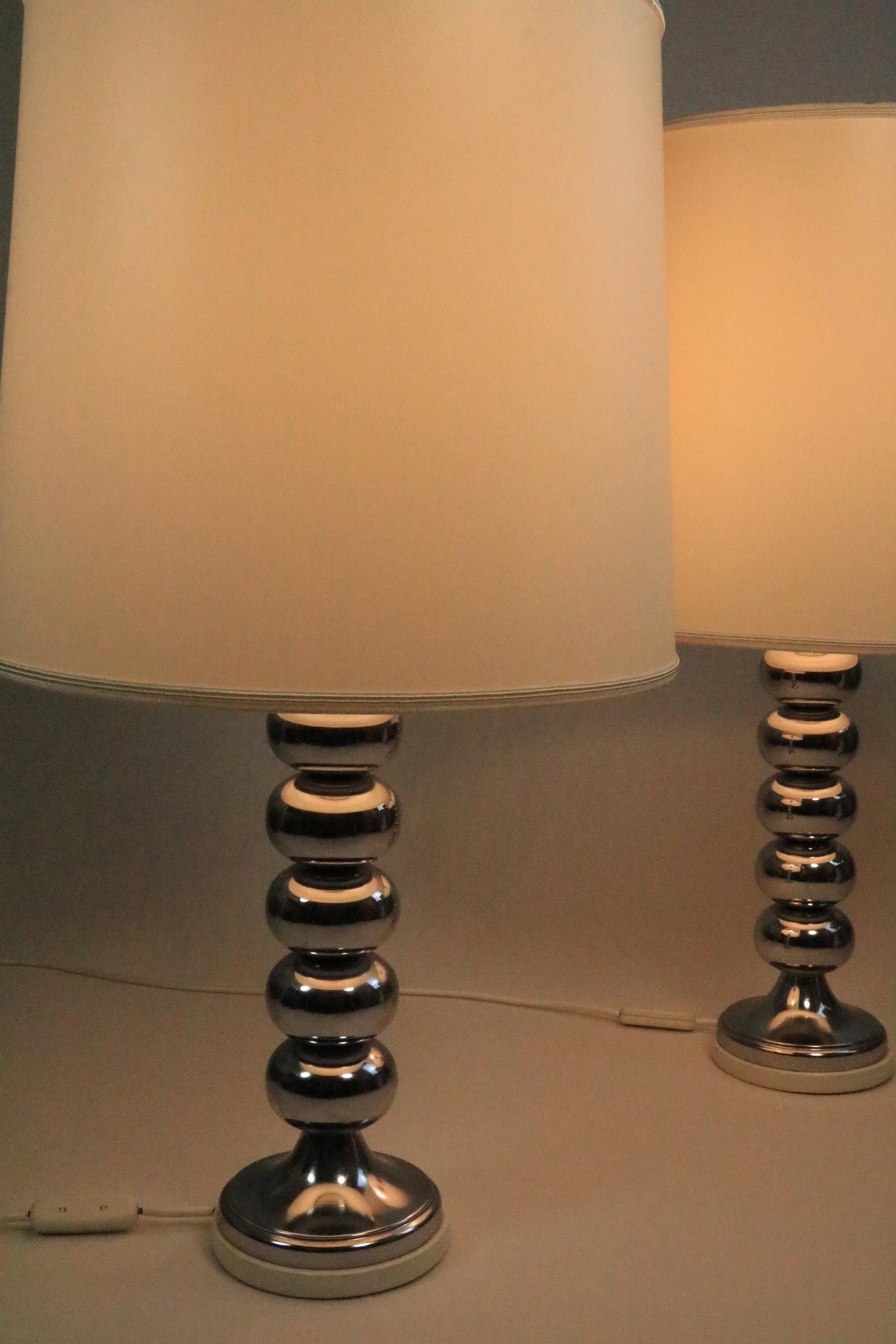 Fabric Set of 2 Big Table Lamps, Chrome, Germany, Original 1970s For Sale