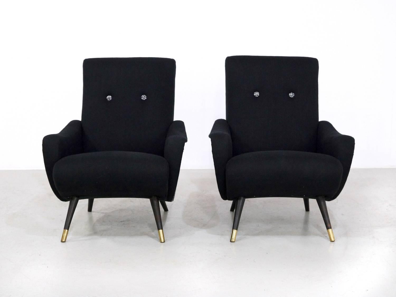 Belgian Set of Two Black 1950s Easy Chairs Italian Style For Sale