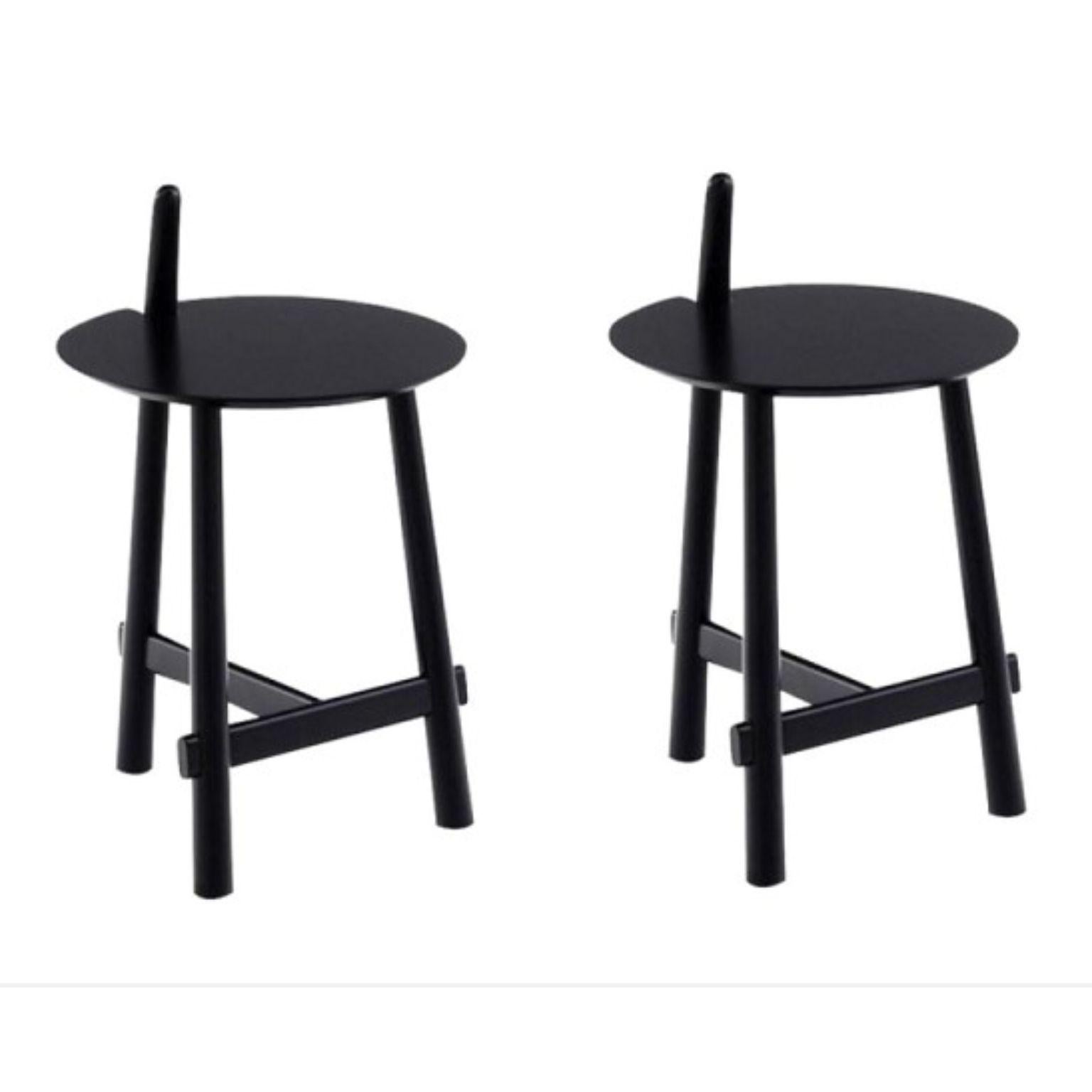 Set of 2 Black Altay side tables by Patricia Urquiola
Materials: Base in solid natural beech or black lacquered. Roundtop in white, black or coral lacquered medium
Technique: Lacquered and black stained or natural wood. 
Dimensions: Diameter 40 x