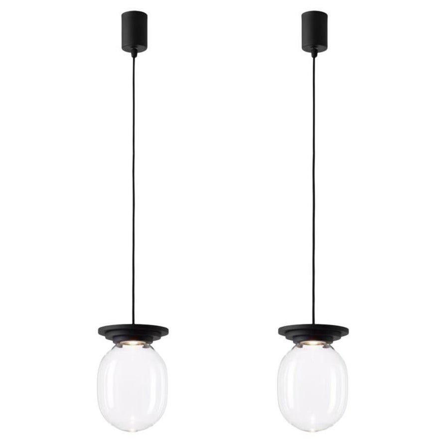 Ensemble de 2 grandes lampes à suspension Stratos noires et transparentes par Dechem Studio