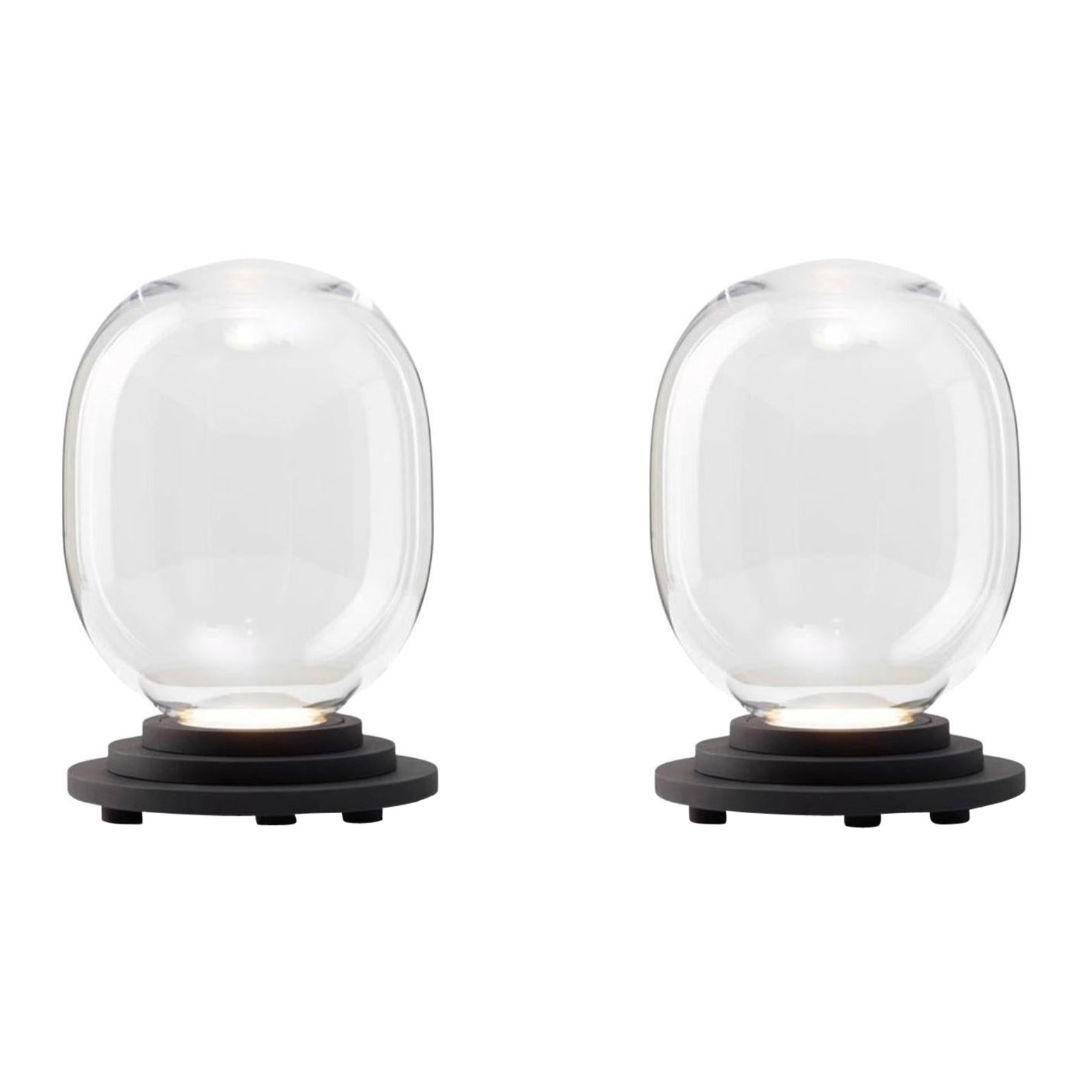 Ensemble de 2 lampes de bureau à capsule Stratos noires et transparentes par Dechem Studio en vente