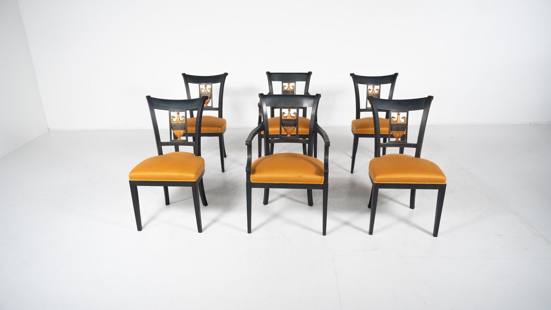 Set di 2 poltrone e 4 sedie in nero e oro, stile Impero in vendita 11