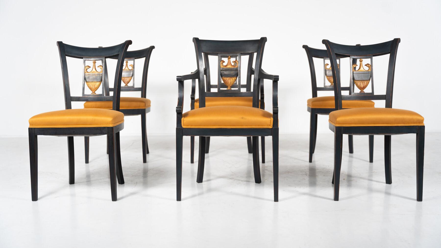 Set di 2 poltrone e 4 sedie in nero e oro, stile Impero in vendita 12