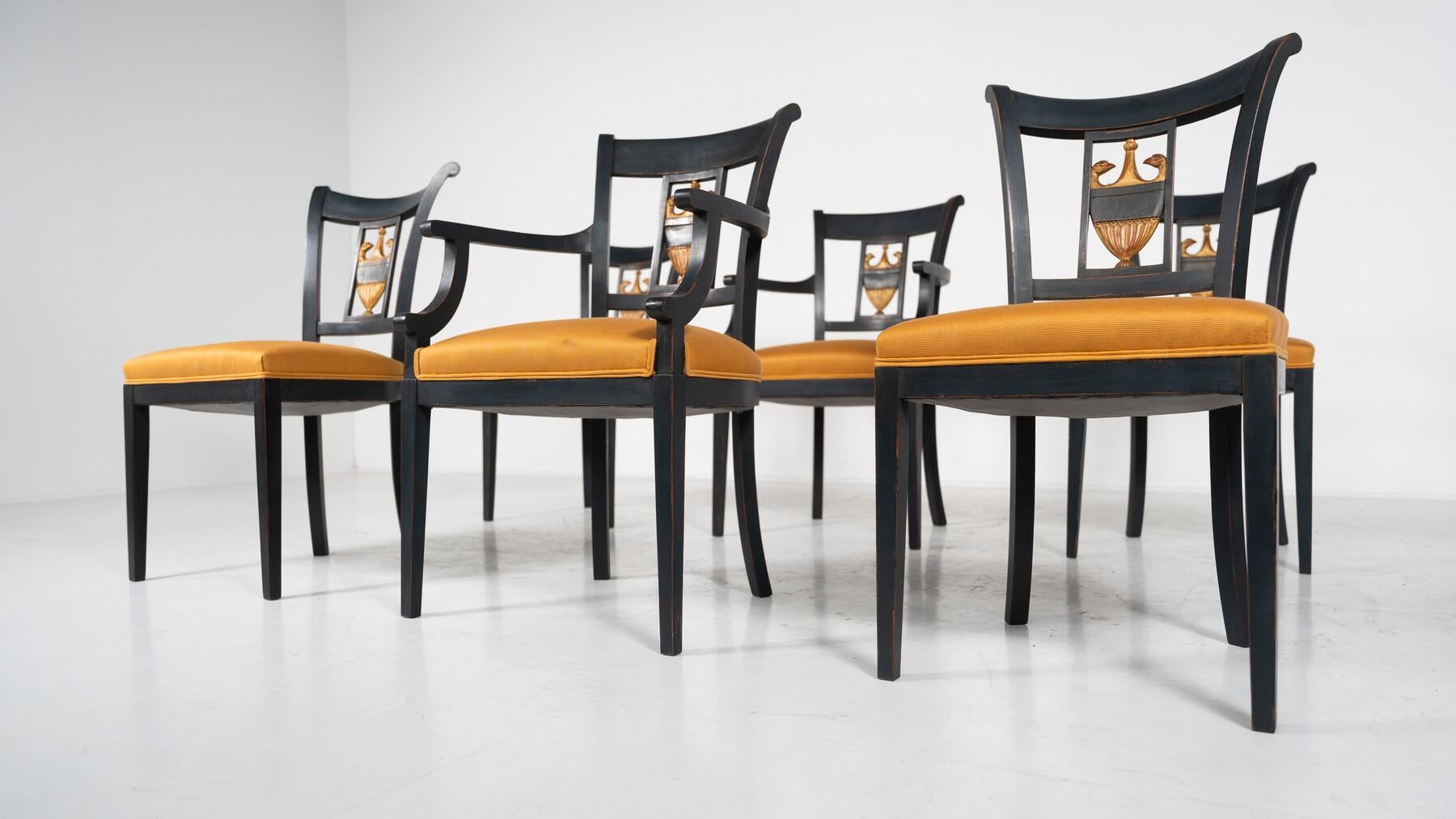 Set di 2 poltrone e 4 sedie in nero e oro, stile Impero in vendita 2