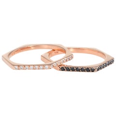 Set of 2 Black and White Diamond Hexagonal Stacking Rings 14 Karat Rose Gold