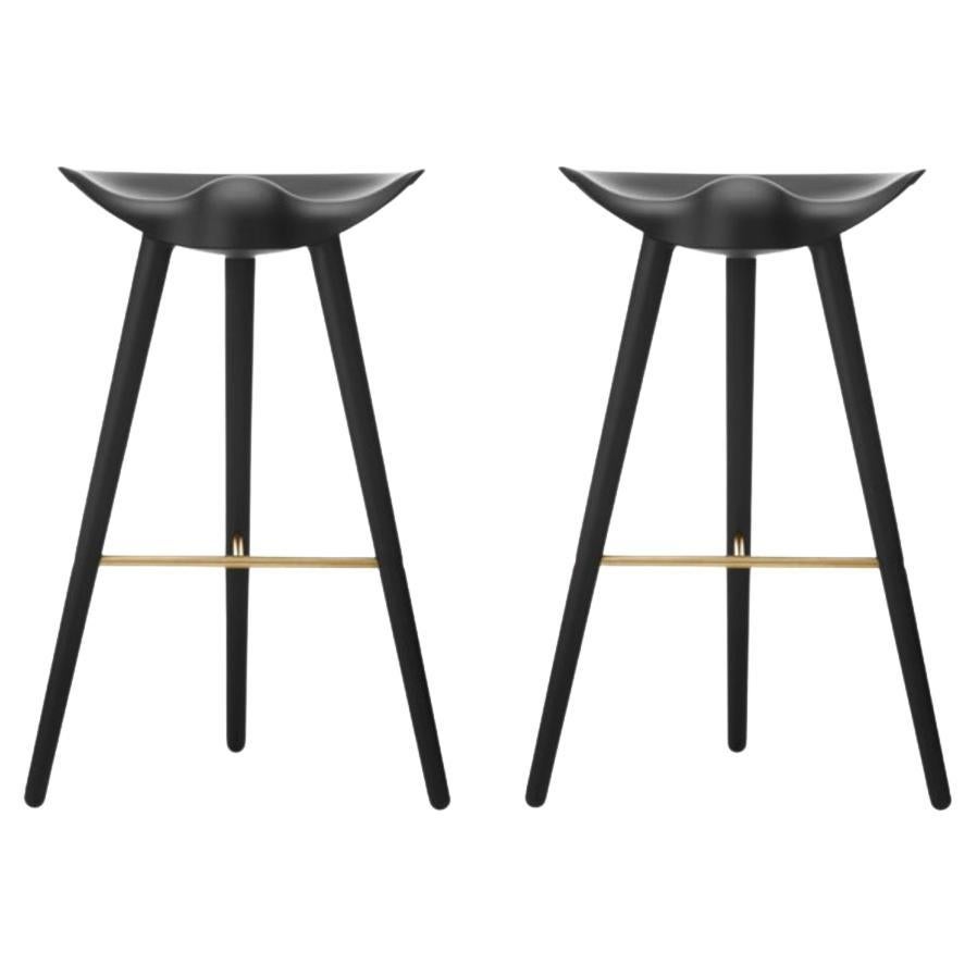 Set of 2 ML 42 Black Beech and Brass Bar Stools by Lassen For Sale